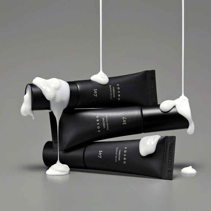 107 Soseo Vinbiome Retinal Serum 20ml on gray background with creamy texture drips, highlighting luxury skincare.