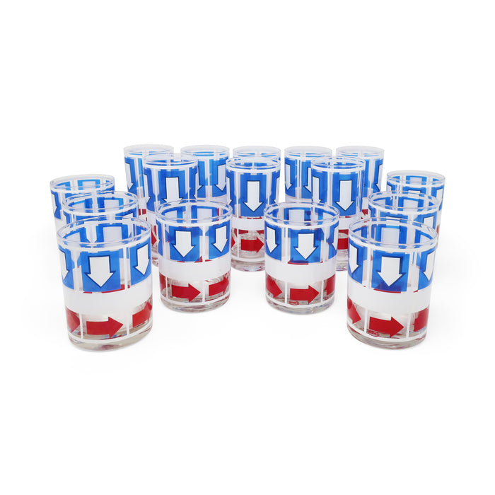 1970s Pop Art Red White & Blue Arrow Glasses by Bartrix/Cera Glass - Set of 16