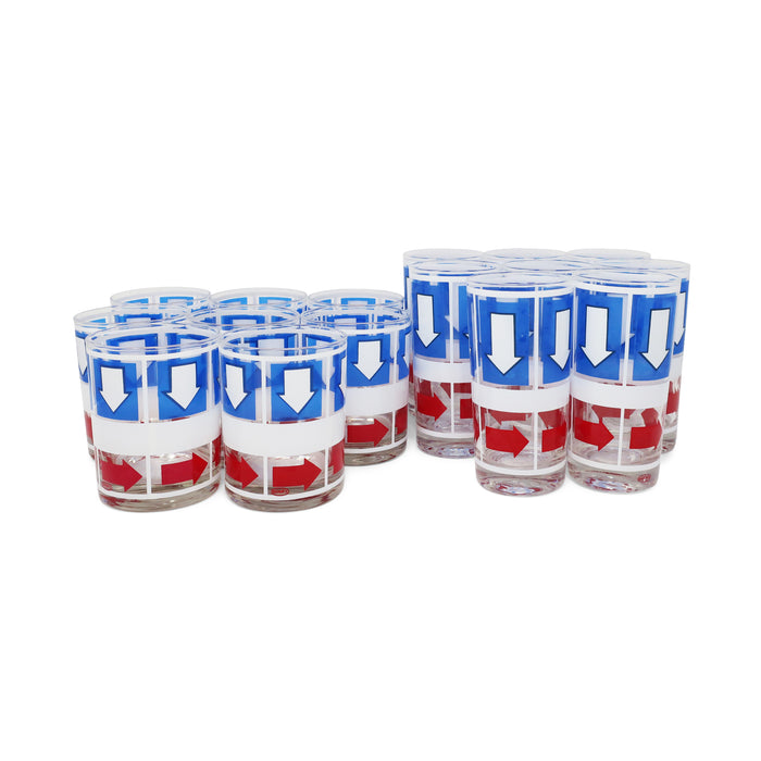 1970s Pop Art Red White & Blue Arrow Glasses by Bartrix/Cera Glass - Set of 16