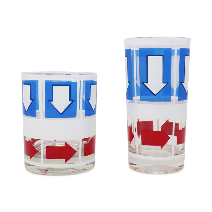 1970s Pop Art Red White & Blue Arrow Glasses by Bartrix/Cera Glass - Set of 16