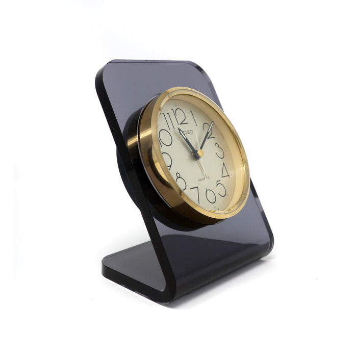 1980s Smoked Lucite and Brass Desk Clock by Seiko