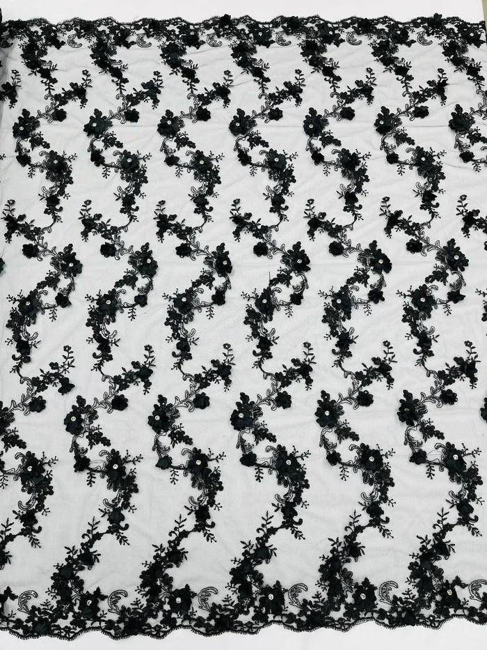 3D Flower Sequin Cluster Design - Black - Sequins Embroidered Floral Design on Tulle Sold By Yard