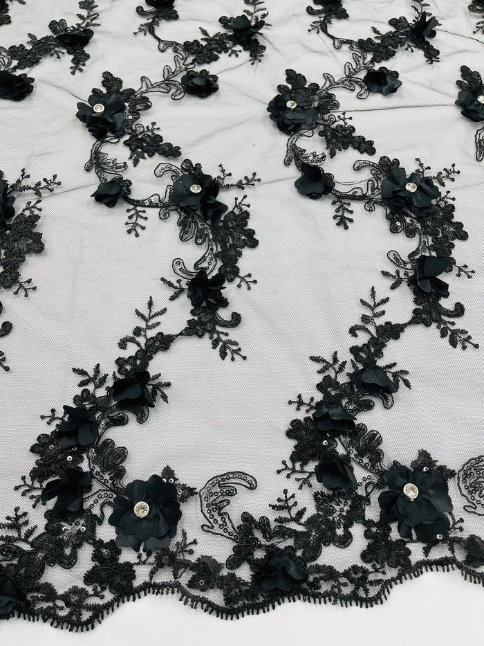 3D Flower Sequin Cluster Design - Black - Sequins Embroidered Floral Design on Tulle Sold By Yard