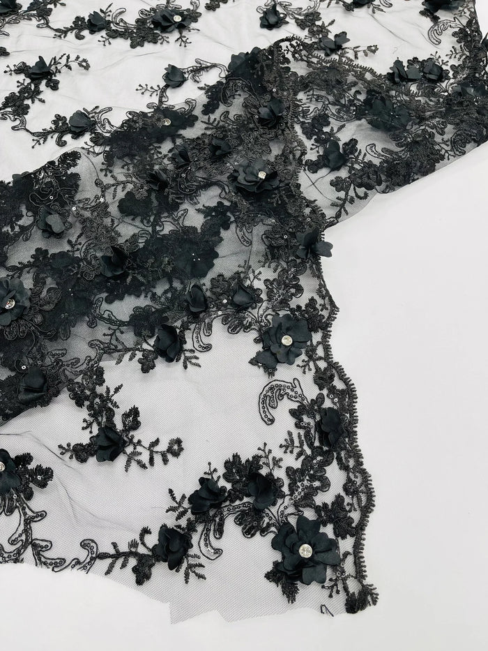 3D Flower Sequin Cluster Design - Black - Sequins Embroidered Floral Design on Tulle Sold By Yard