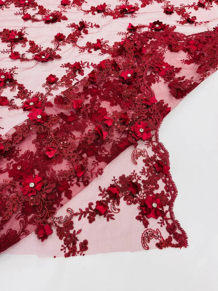 3D Flower Sequin Cluster Design - Burgundy - Sequins Embroidered Floral Design on Tulle Sold By Yard