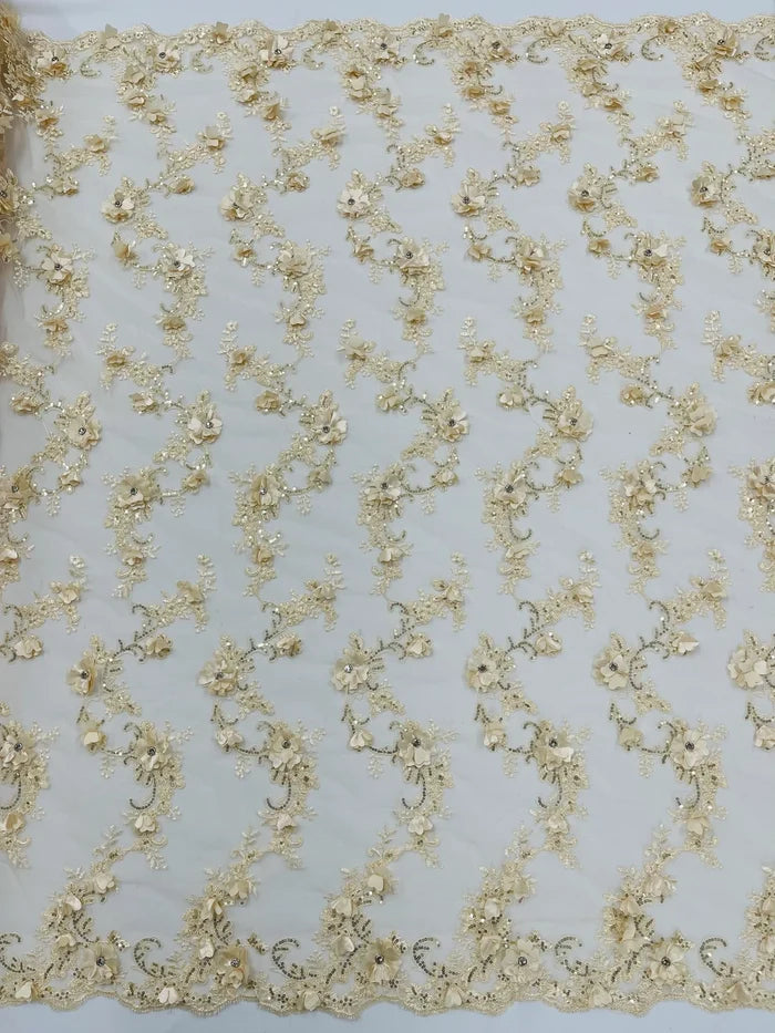 3D Flower Sequin Cluster Design - Champagne - Sequins Embroidered Floral Design on Tulle Sold By Yard