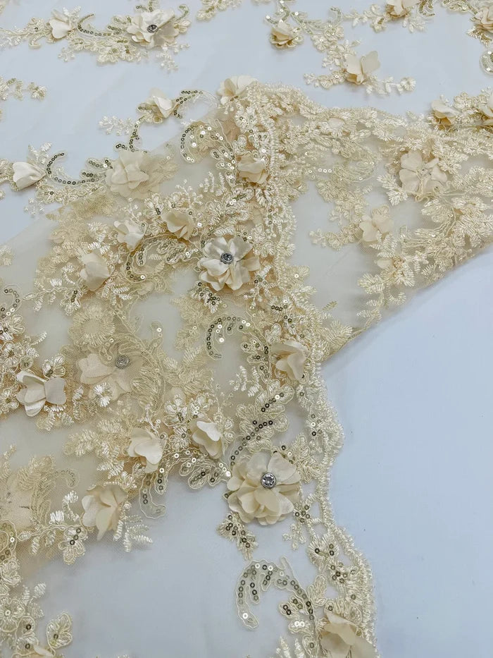3D Flower Sequin Cluster Design - Champagne - Sequins Embroidered Floral Design on Tulle Sold By Yard