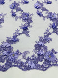 3D Flower Sequin Cluster Design - Lilac - Sequins Embroidered Floral Design on Tulle Sold By Yard