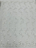 3D Flower Sequin Cluster Design - Off-White - Sequins Embroidered Floral Design on Tulle Sold By Yard