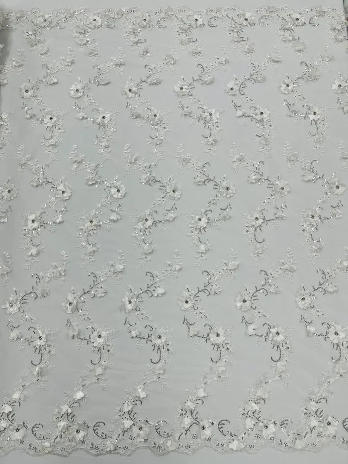 3D Flower Sequin Cluster Design - Off-White - Sequins Embroidered Floral Design on Tulle Sold By Yard