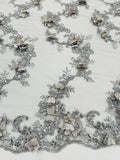 3D Flower Sequin Cluster Design - Silver - Sequins Embroidered Floral Design on Tulle Sold By Yard