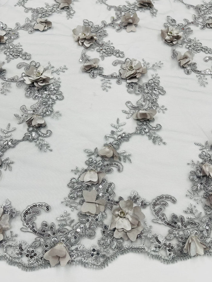 3D Flower Sequin Cluster Design - Silver - Sequins Embroidered Floral Design on Tulle Sold By Yard