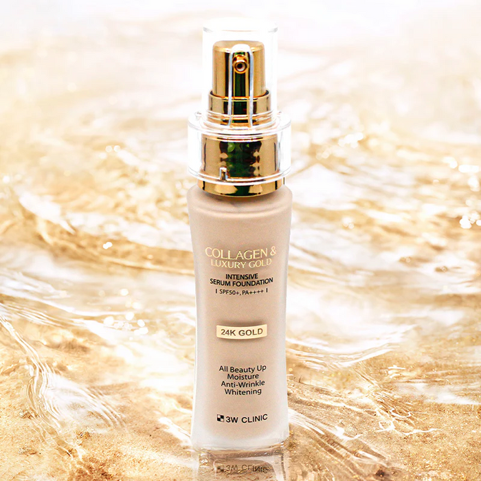 3W CLINIC Collagen & Luxury Gold Intensive Serum Foundation 40g on a shimmering surface