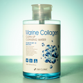 3W CLINIC Marine Collagen Clean Up Cleansing Water 500ml bottle with blue liquid and label showing bubbles, standing against a light background.