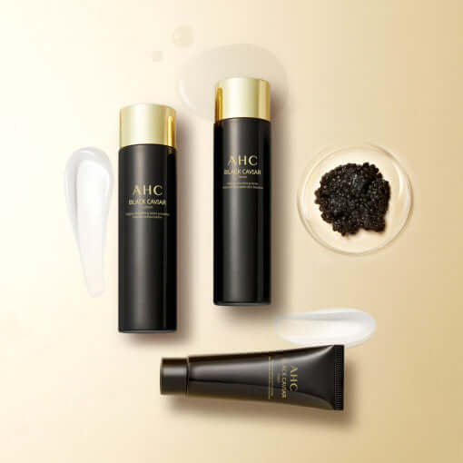 AHC Black Caviar Youth Ritual Set (Lotion 140ml, Toner 140ml, Cream 50g, Ampoule 50ml & Eyecream 30ml) with product textures shown