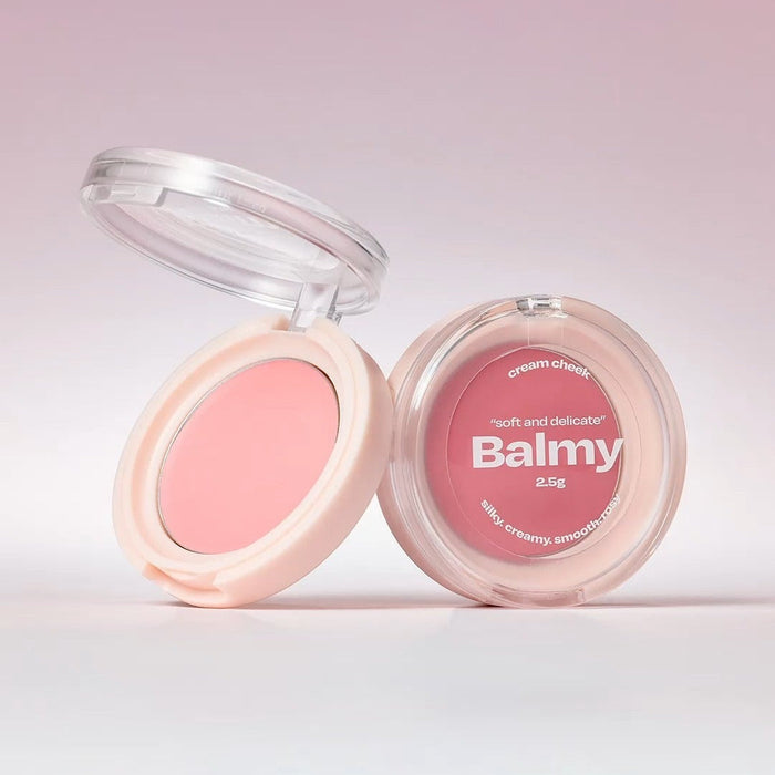 ALTERNATIVE STEREO Balmy Cream Cheek in soft pink shade, open makeup compact showcasing blush color and packaging.