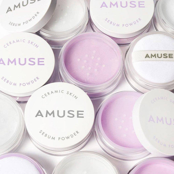 AMUSE Ceramic Sebum Powder in multiple containers with open and closed lids, showcasing the product's texture and packaging.