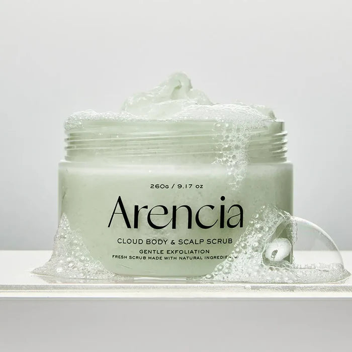 ARENCIA Fresh Cloud Body Scrub 260g jar with gentle exfoliation soap bubbles, showcasing premium skincare product for radiant skin