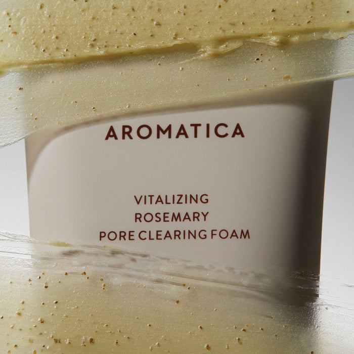 AROMATICA Vitalizing Rosemary Pore Clearing Foam 150ML in textured background of cleansing foam