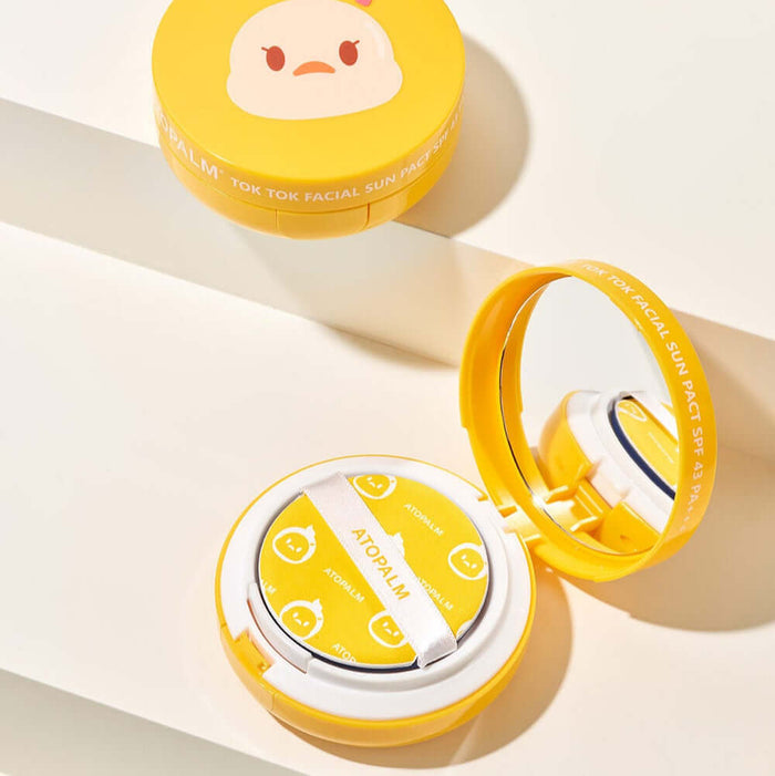 ATOPALM Toktok Facial Sun Pact SPF43 PA+++ 15g Main Product & 15g Refill Set in open and closed yellow compact design
