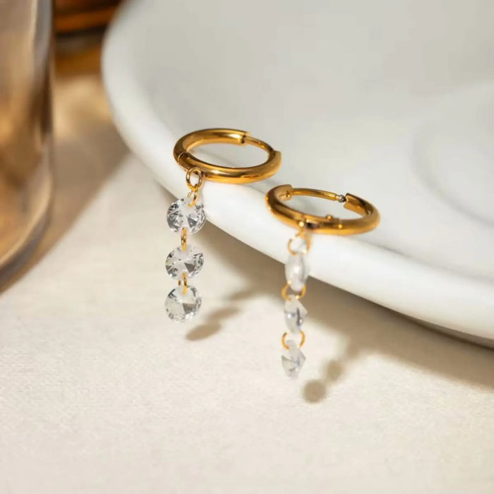Gold Huggie Hoop Earrings with Dangling Zircon Stones – Elegant Minimalist Jewellery - BELARIC
