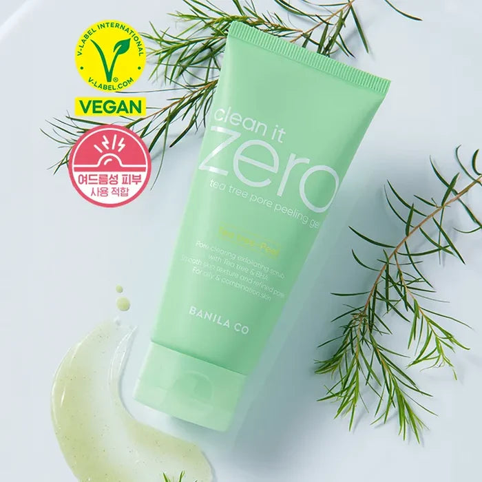BANILA CO Tea Tree Pore Peeling Gel 200ml with vegan certification and leaf decoration
