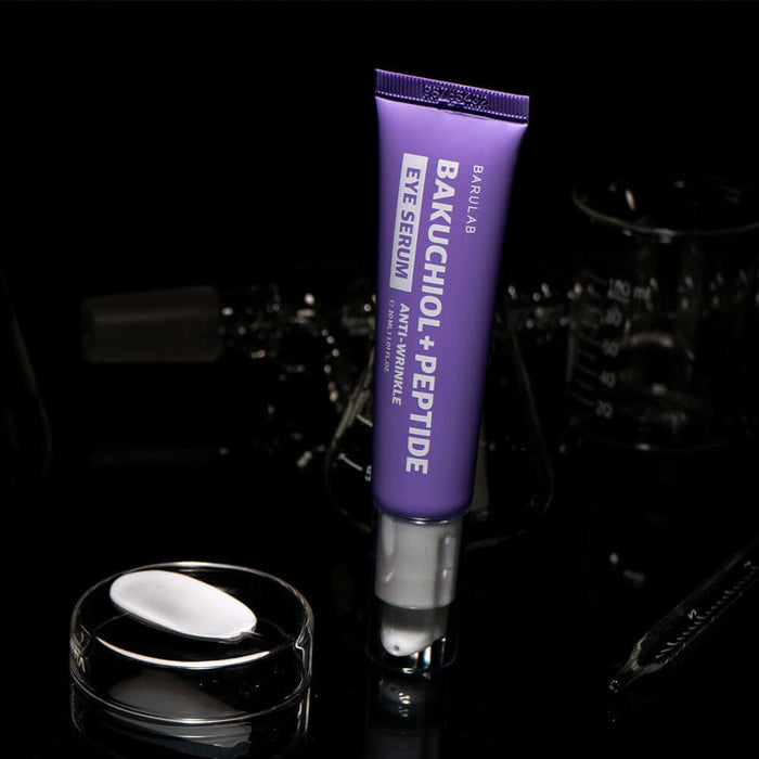 BARULAB Bakuchiol Peptide Wrinkle Eye Serum 30ml tube on dark background, anti-wrinkle skincare product with peptides.