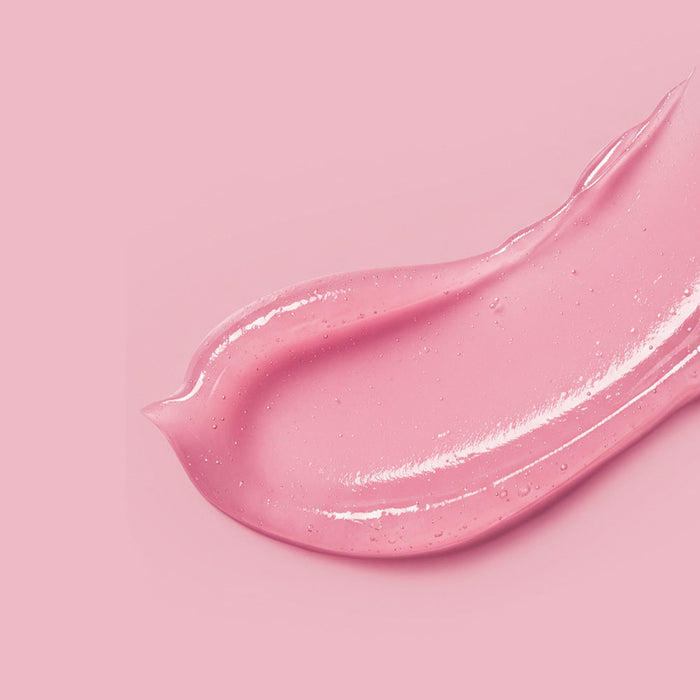 Texture of BARULAB Collagen Caffeine Tangle Lip Serum 10g, pink glossy smear on a matching background.