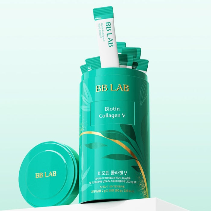 BB LAB Biotin Collagen V 30 Sticks 60g green packaging on a light background