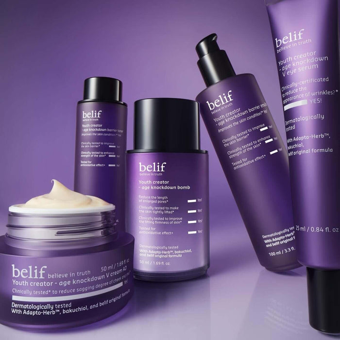 BELIF Age Knockdown Bomb Serum 50ml in a collection of BELIF skincare products, anti-aging beauty solutions displayed in purple bottles