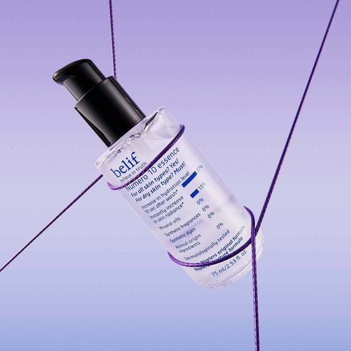 BELIF Numero 10 Essence 75ml, hydrating serum bottle on purple background