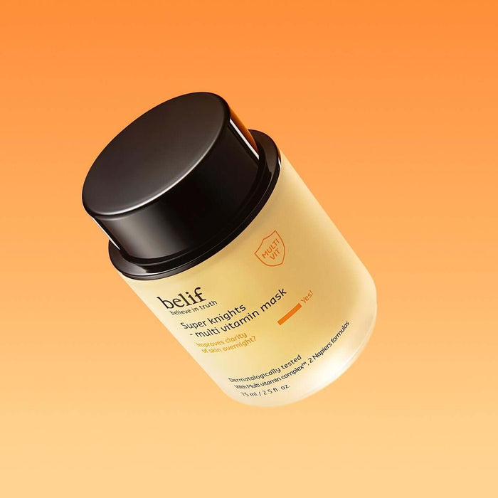 BELIF Super Knights Multi Vitamin Mask 75ml jar on an orange background, showcasing premium skin care product