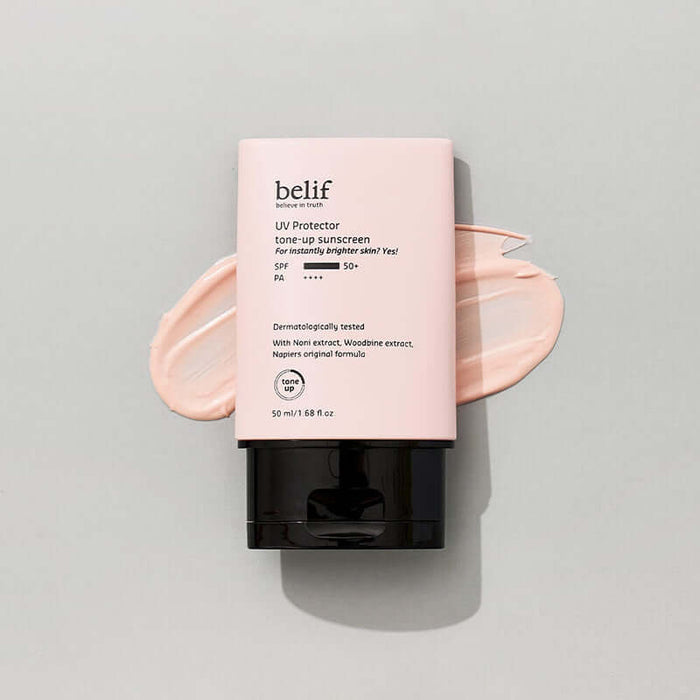 BELIF UV Protector Tone-up Sunscreen 50ml bottle with swatches on a gray background