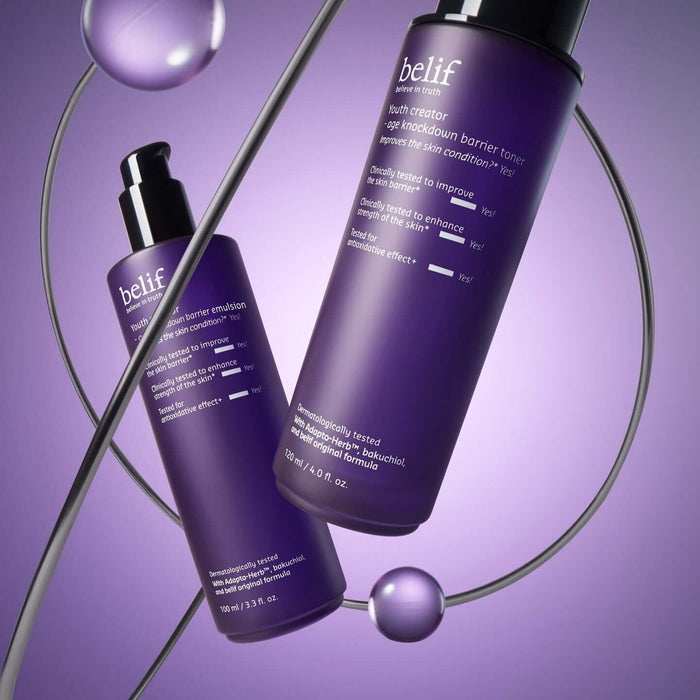 BELIF Youth Creator Age Knockdown Barrirer Emulsion 100ml bottle on purple background with elegant packaging.