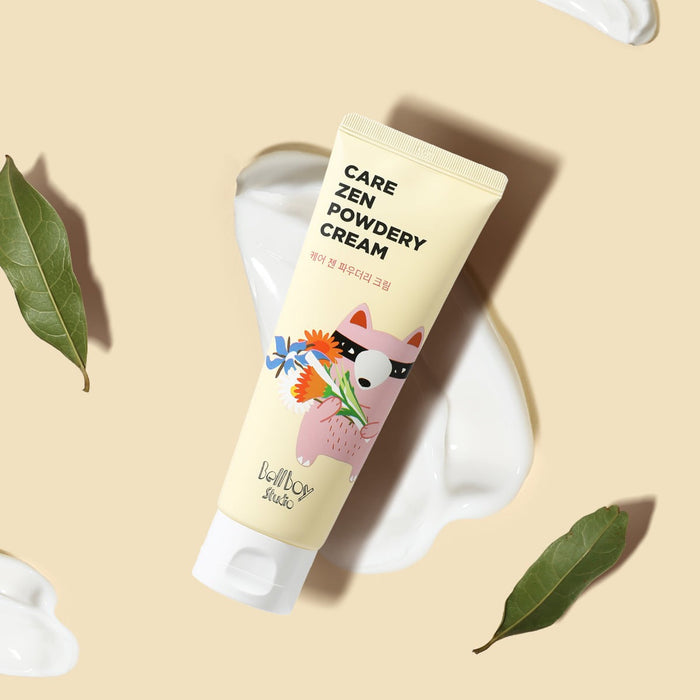 BELLBOY STUDIO Care Zen Powdery Cream 120ml tube with animated design, displayed on a cream background with leaves and cream smudges.