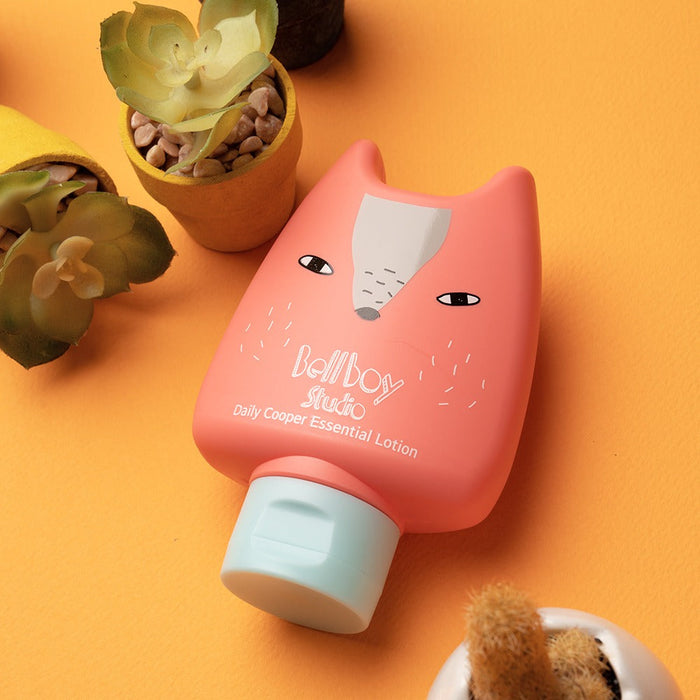 BELLBOY STUDIO Daily Cooper Moist Multi Lotion 160ml with playful packaging, displayed next to potted plants on an orange surface.