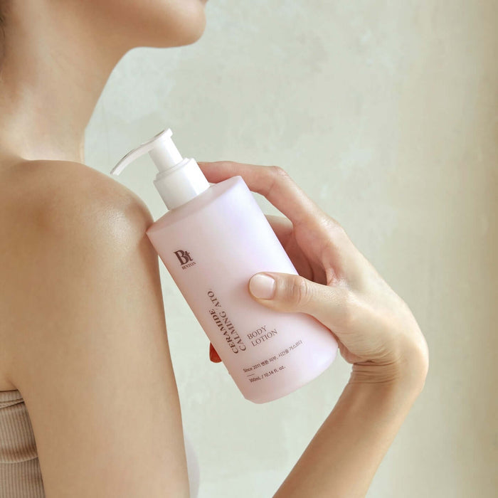 Person applying BENTON Ceramide Calming Ato Body Lotion 300ml on shoulder