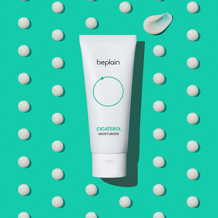 BEPLAIN Cicaterol Cream tube on teal background with white dots and cream swatch