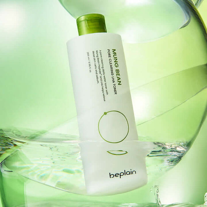 BEPLAIN Green Bean Pore Clearing LHA Toner 265ml in green liquid background, promoting skin care benefits.