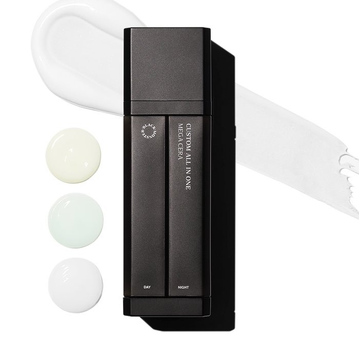 BLACK MONSTER Custom All-in-One 75ml – Gentleman Korea men’s skincare bottle with cream swatches, day and night formula