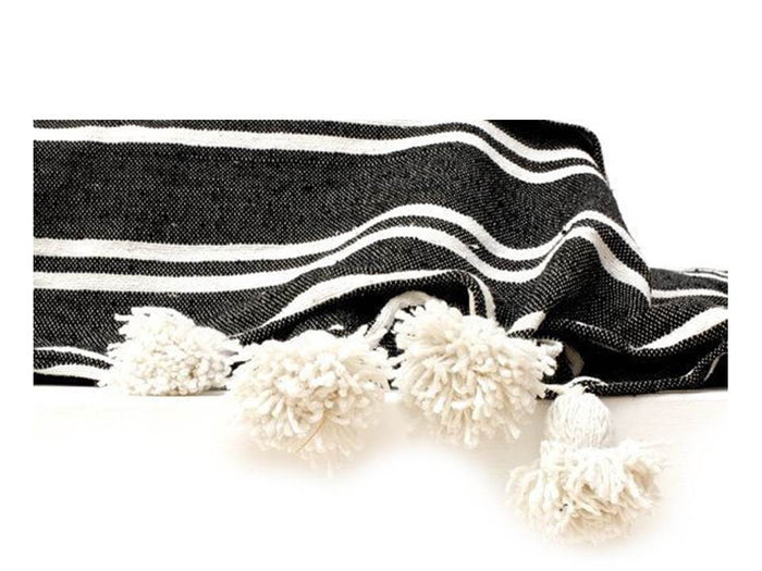 Black with White Stripes Pom Blanket - Assouirri