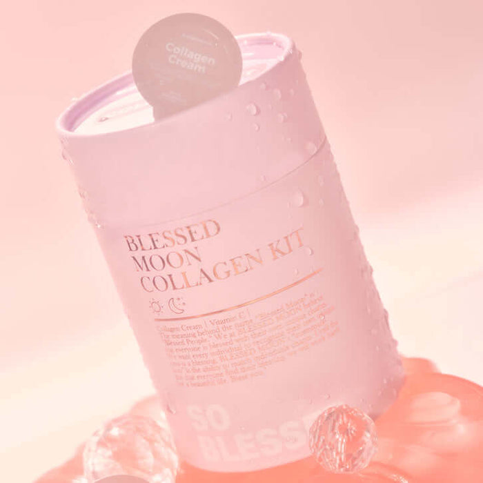 BLESSED MOON Collagen Kit package on display with dreamy pink background.