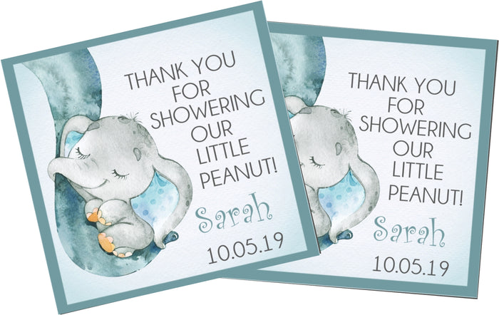 Blue elephant baby shower stickers – square watercolor design