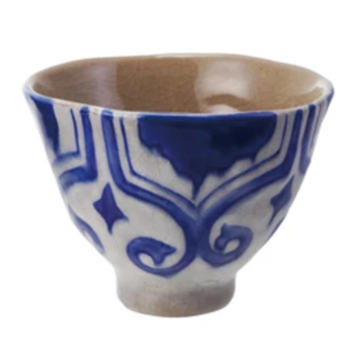Blue & White Hand-Painted Stoneware Bowl/Teacup