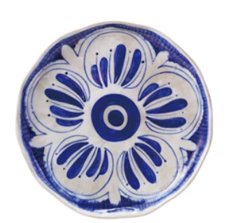 Blue & White Hand-Painted Stoneware Plate with Pattern