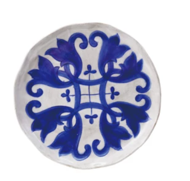 Blue & White Hand-Painted Stoneware Plate with Pattern