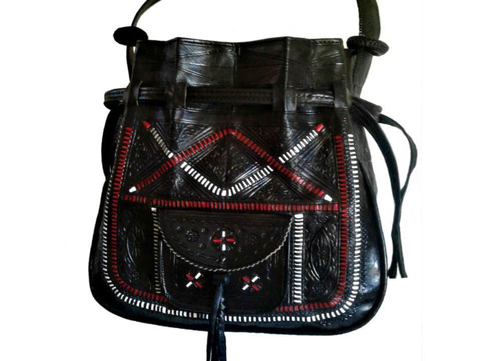 Bohemian Morocco Leather Bag - Embroidered - Black - Heritage Tote | Moroccan Corridor
