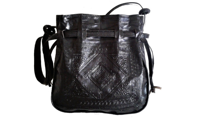 Bohemian Morocco Leather Bag - Embroidered - Black - Heritage Tote | Moroccan Corridor®