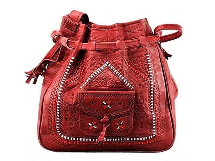 Bohemian Morocco Leather Bag - Embroidered - Red - Moroccan Corridor