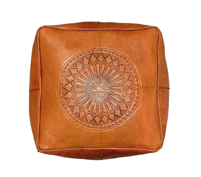 Brown Caramel Embossed Square Ottoman - Medaillon
